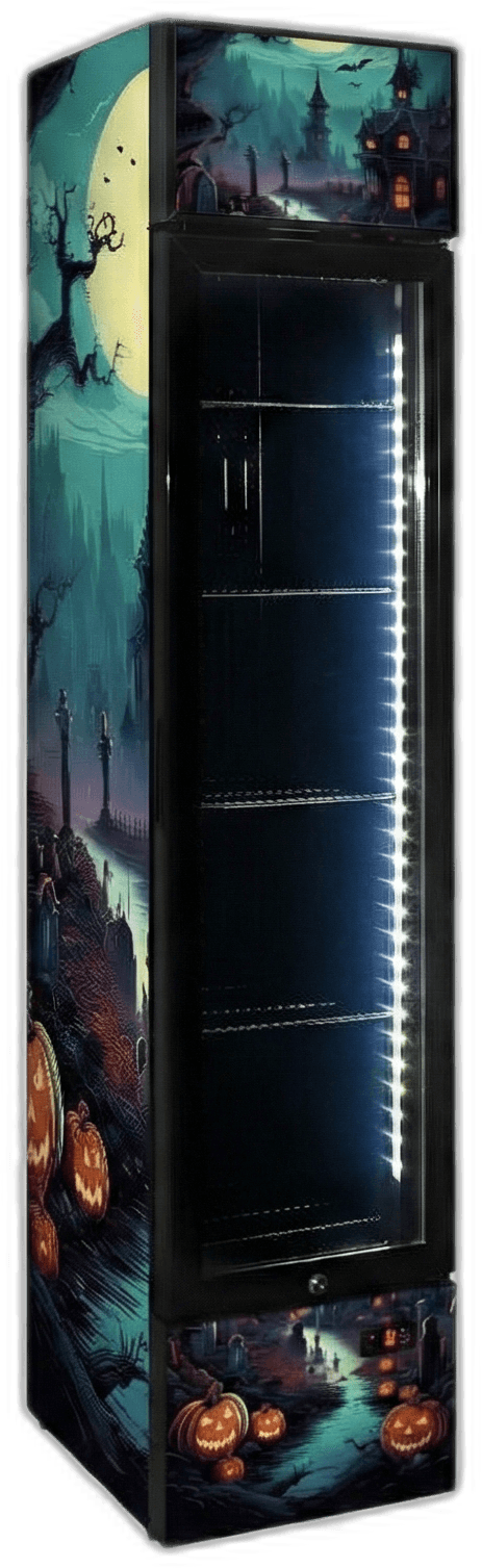 Halloween limited-edition branded bar fridge with orange jack-o-lantern vinyl wrap
