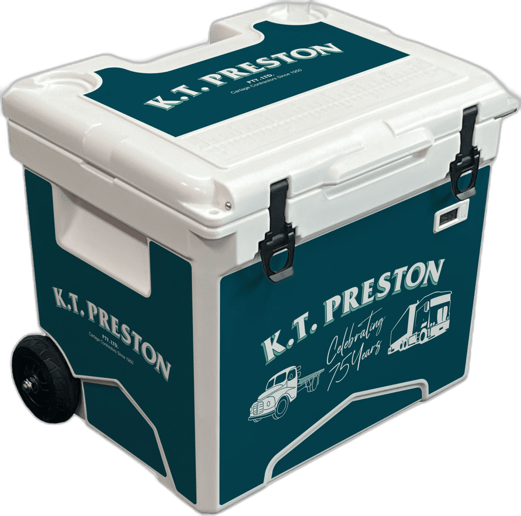 K.T. Preston 75th anniversary branded wheeled cooler with vintage truck illustrations