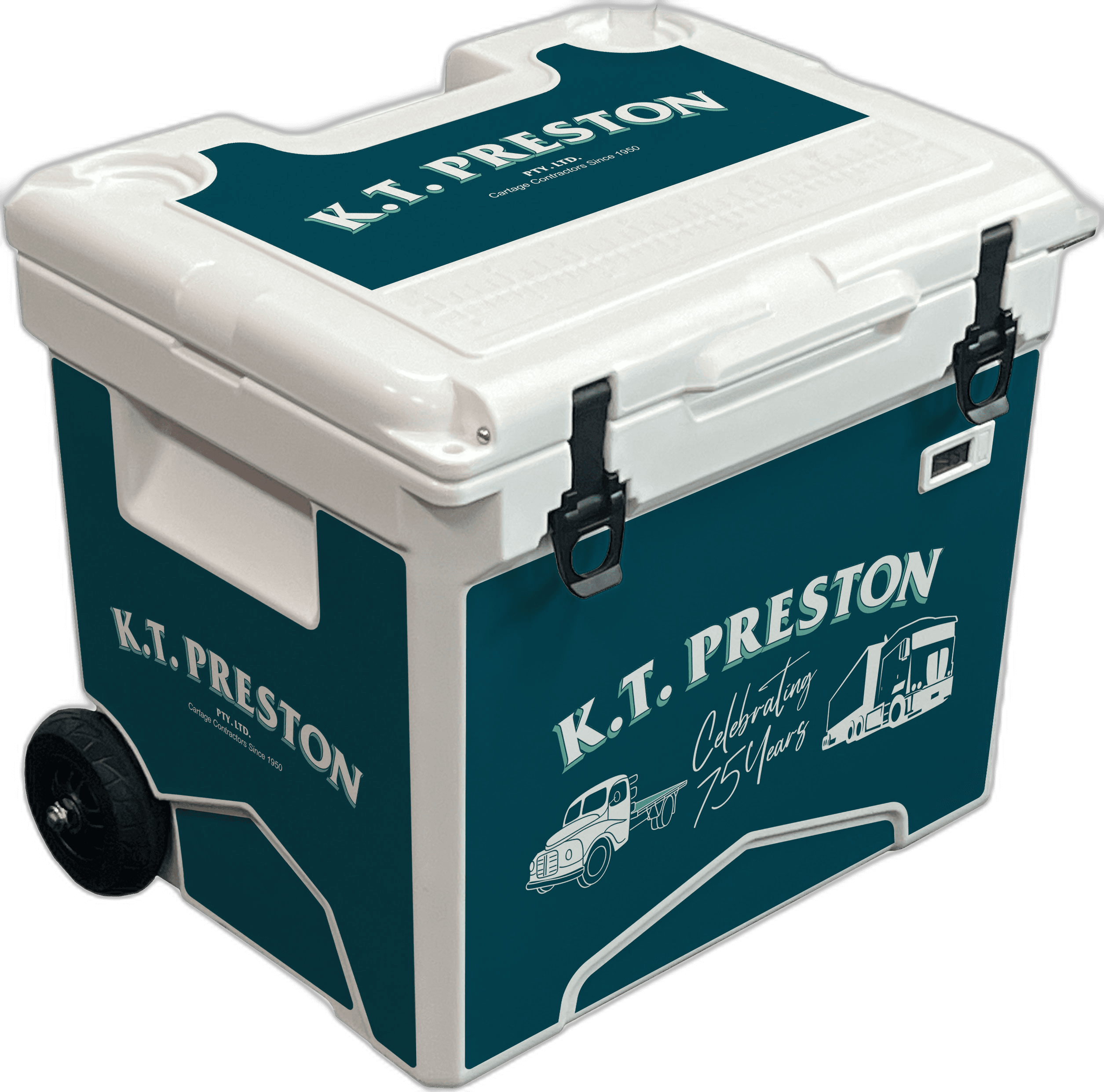K.T. Preston 75th anniversary branded wheeled cooler with vintage truck illustrations