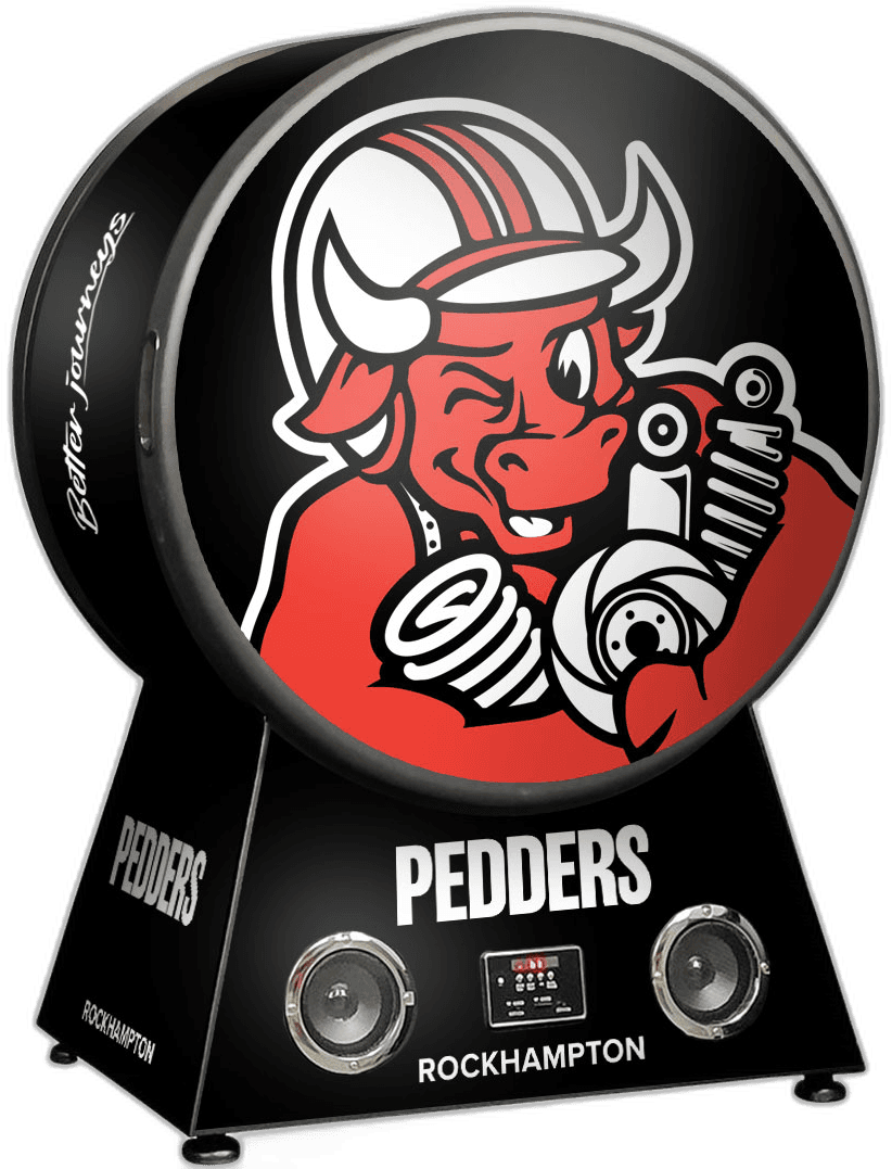 Pedders Suspension custom branded bar fridge with Viking mascot vinyl wrap