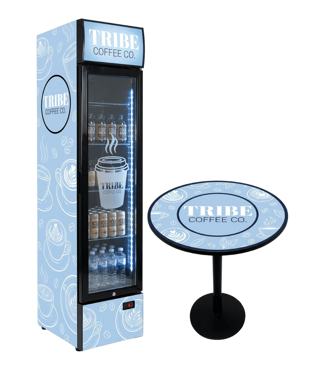 Tribe Coffee Co. custom branded fridge + table