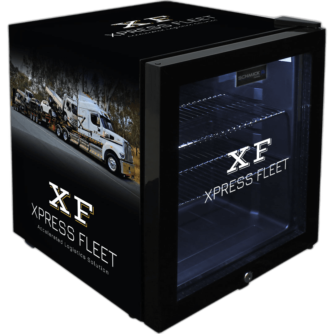 Xpress Fleet Solutions corporate branded glass-door bar fridge with matte wrap