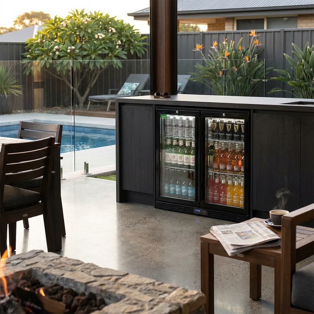 Commercial Under Bench Quiet Running Black Glass Double Door Bar Fridge Energy Efficient - Model SG2H-B styled in home bar setting