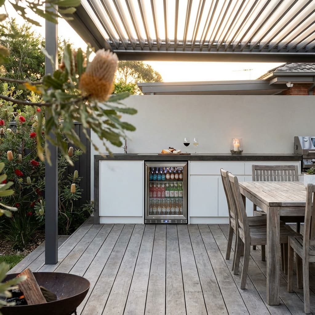 Rhino Glass Door 129L Alfresco Bar Fridge with LOW E Glass - Model GSP1H-840-SS styled in outdoor entertaining setting