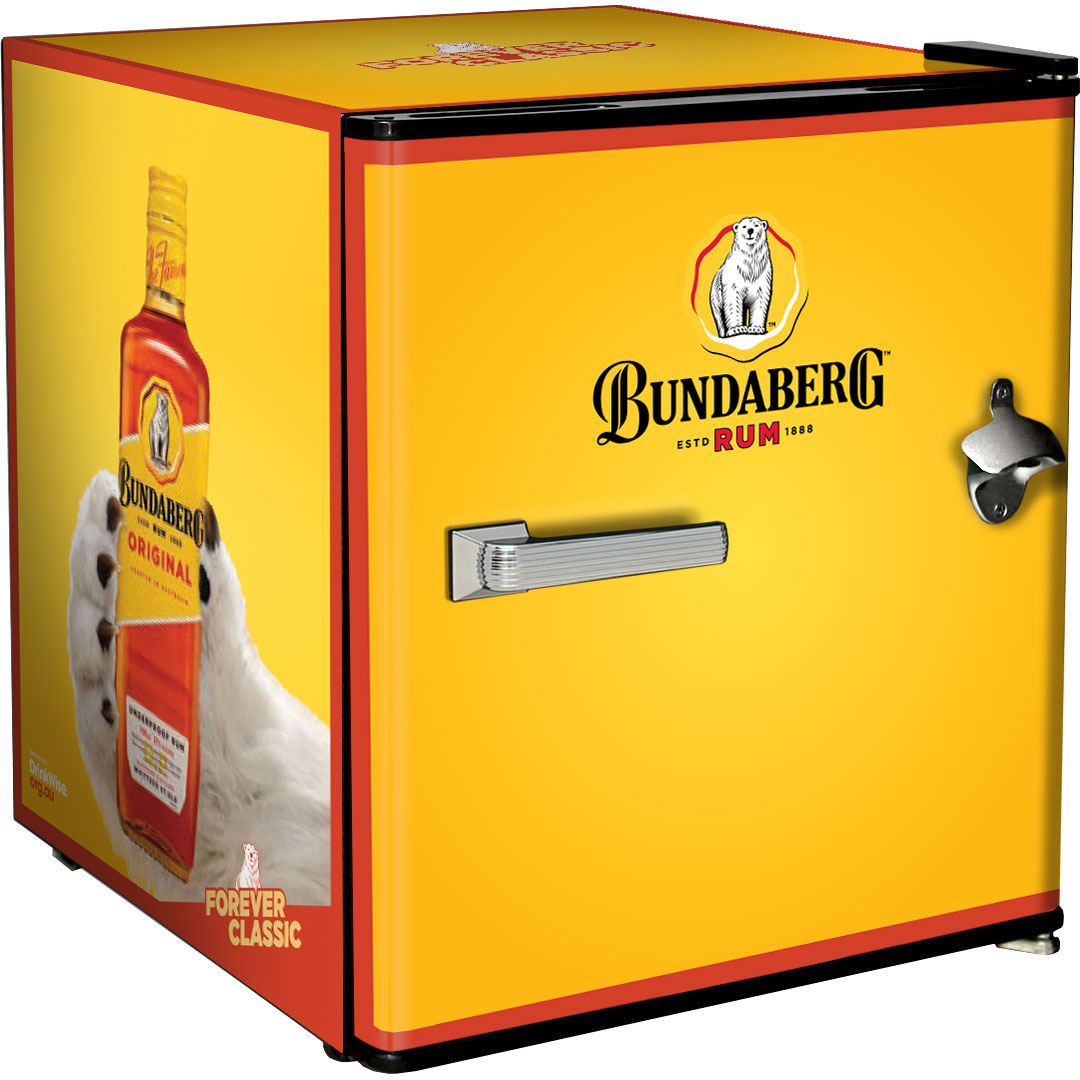 Bundaberg Rum 46L mini bar fridge with bottle opener — licensed Bundy artwork