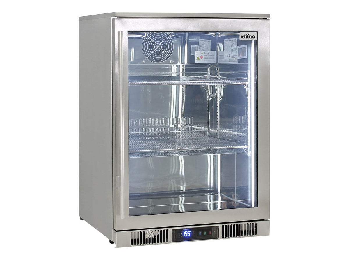 Rhino ENV1R-SS 148L outdoor bar fridge in 316 marine grade stainless — front view
