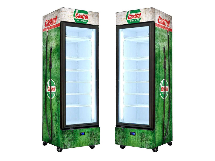 Castrol 370L upright glass-door vintage fuel pump bar fridge
