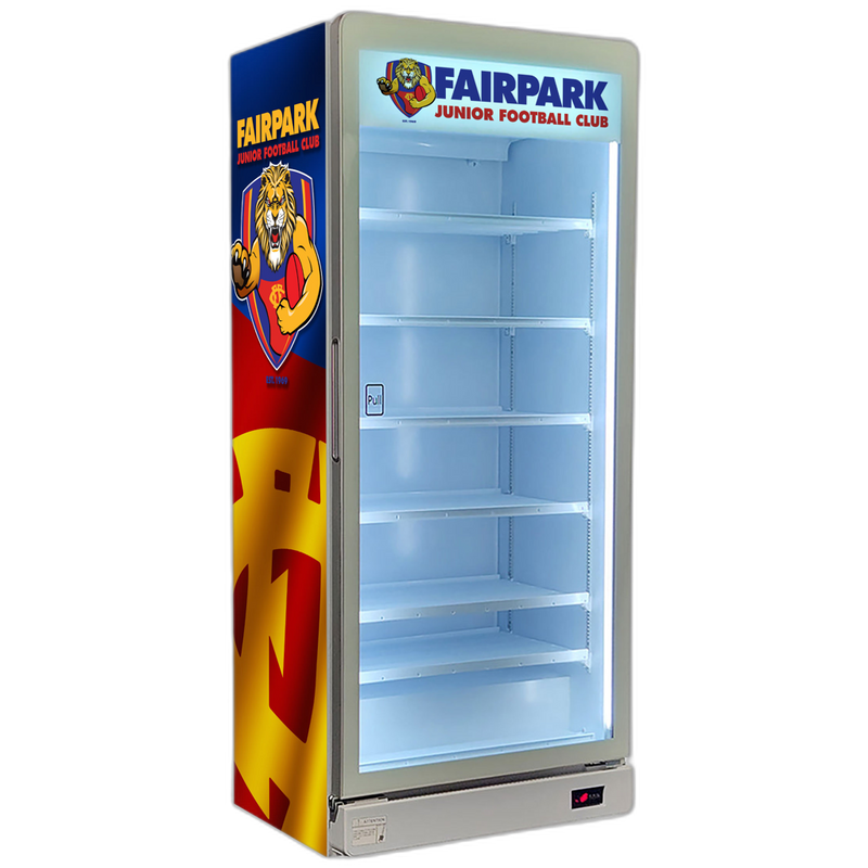 Custom branded sporting club fridge wrapped with club and sponsor logos