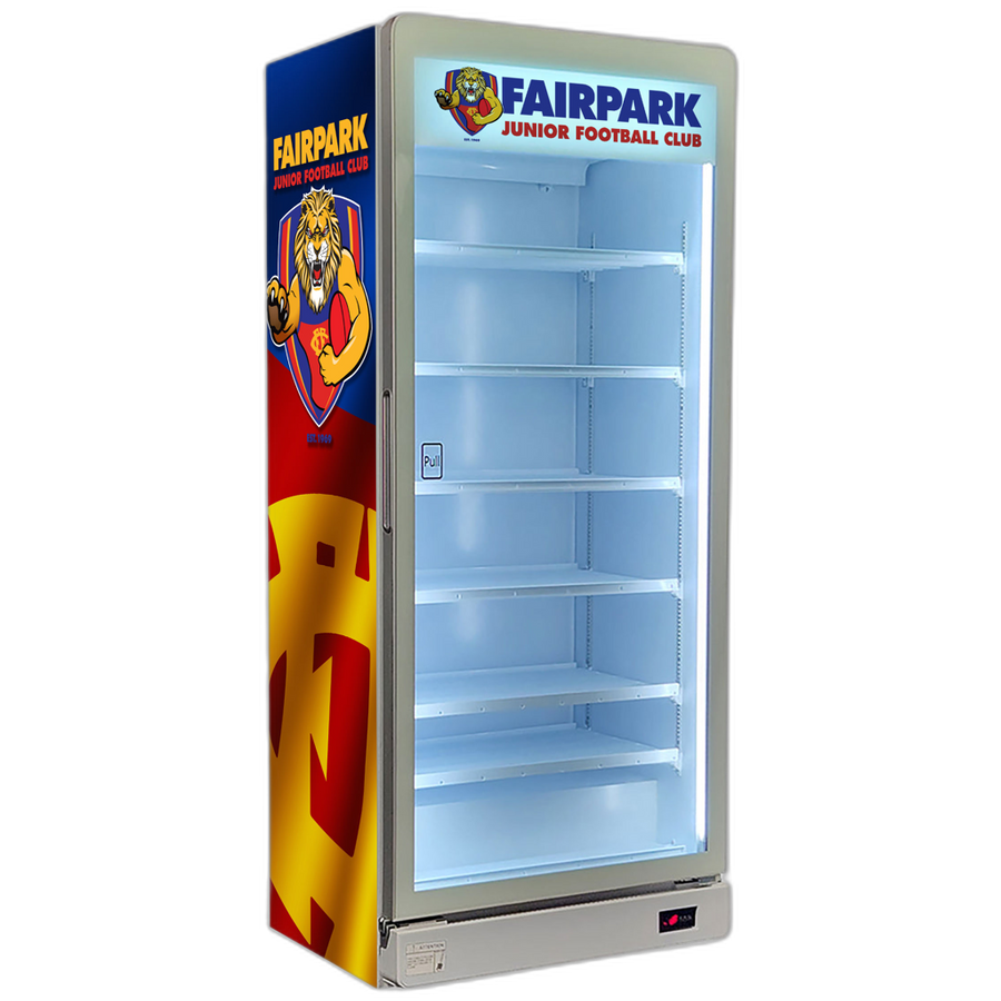 Custom branded sporting club fridge wrapped with club and sponsor logos