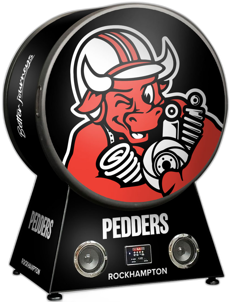 Custom branded bar fridge wrapped in Pedders Suspension livery