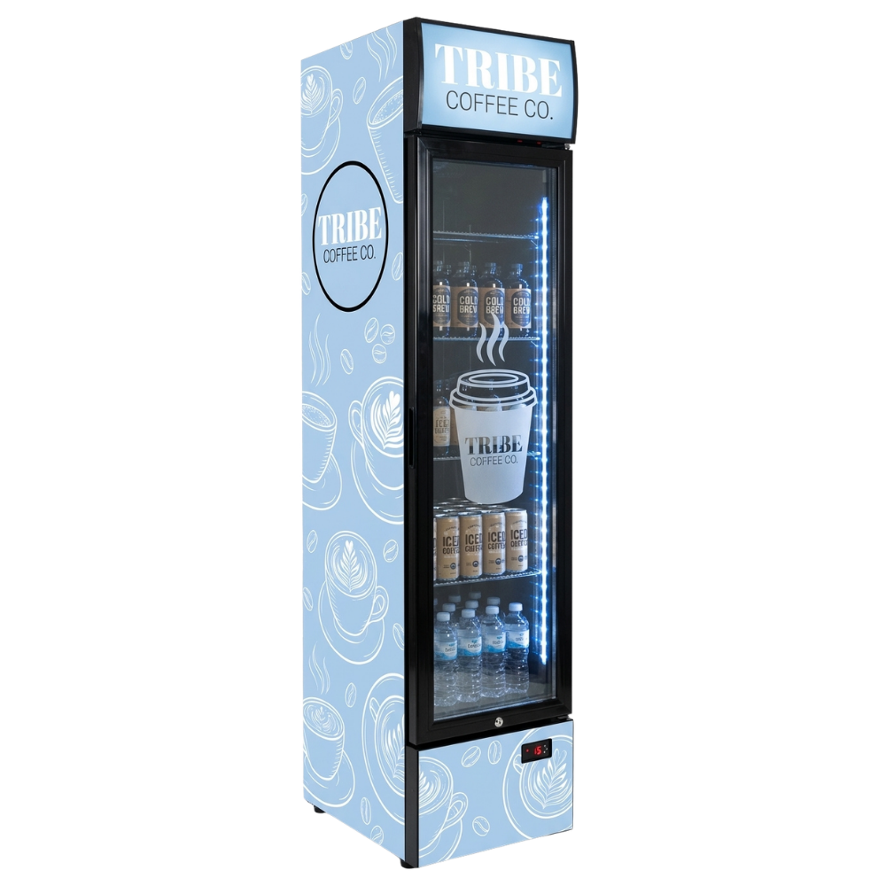 Custom Branded Bar Fridge | 160L Retail Wall — branded example: 160l - Tribe Coffee Co - Custom Branded Fridge