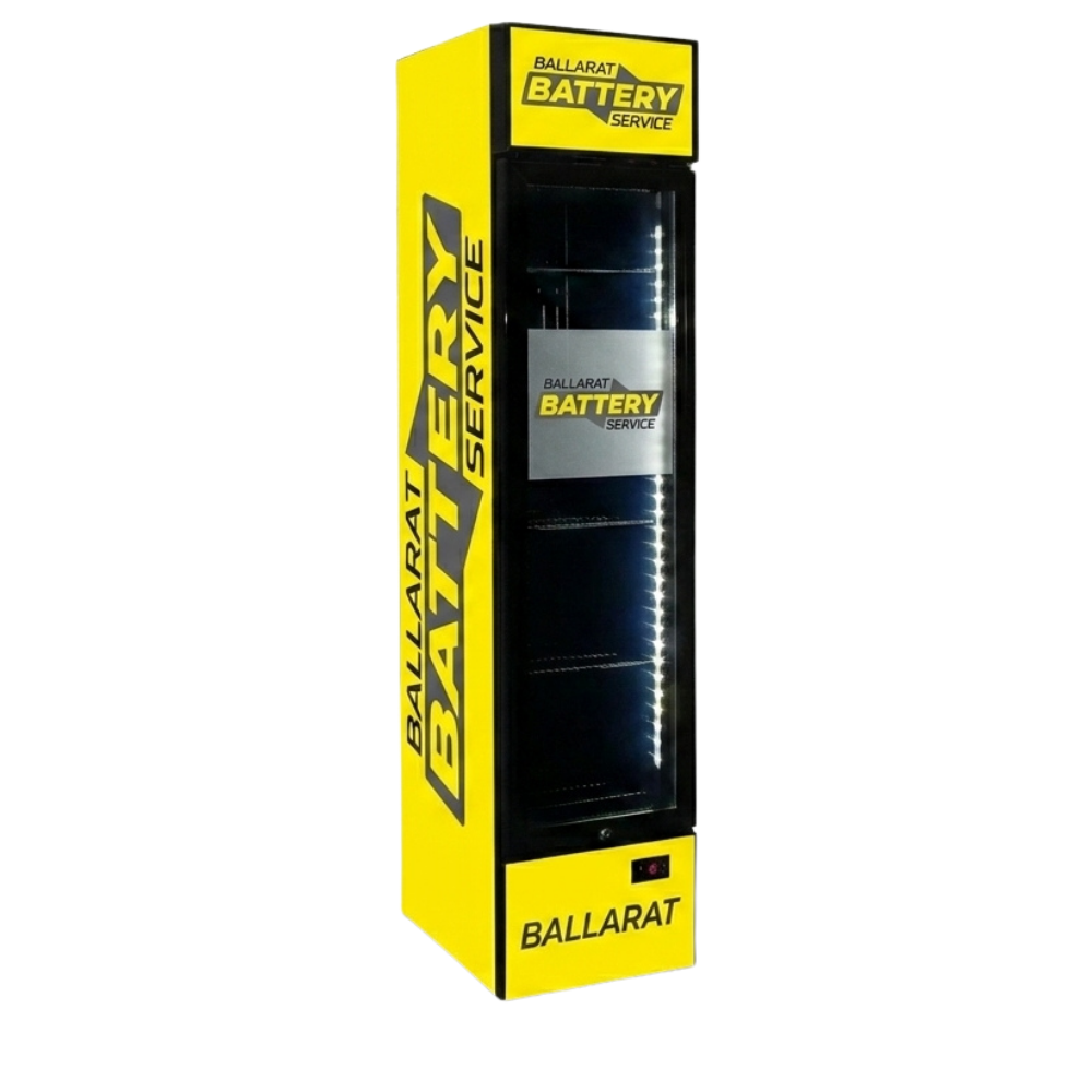 Custom Branded Bar Fridge | 160L Retail Wall — branded example: 160l - ballarat battery service - custom branded fridge