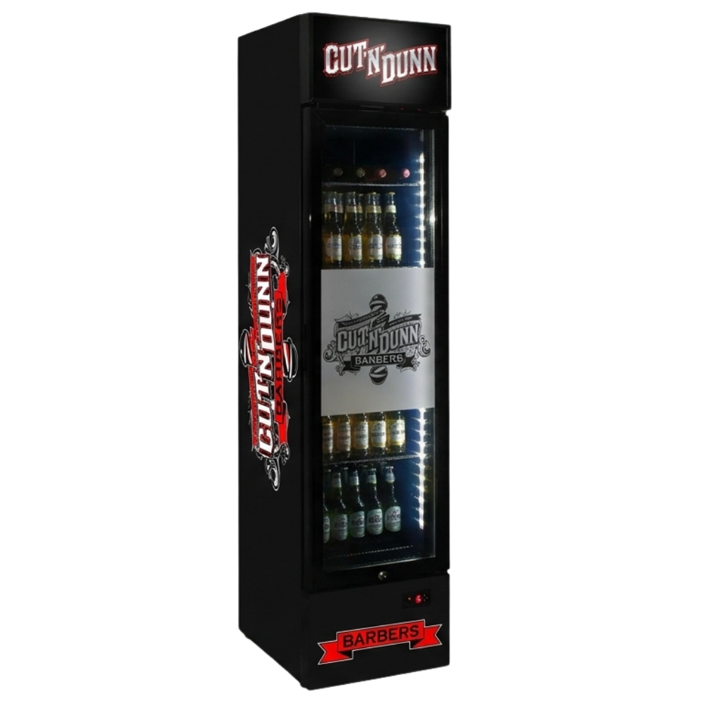 Custom Branded Bar Fridge | 160L Retail Wall — branded example: 160l - cut n dunn