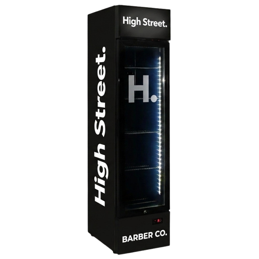 Custom Branded Bar Fridge | 160L Retail Wall — branded example: 160l - high street barber co