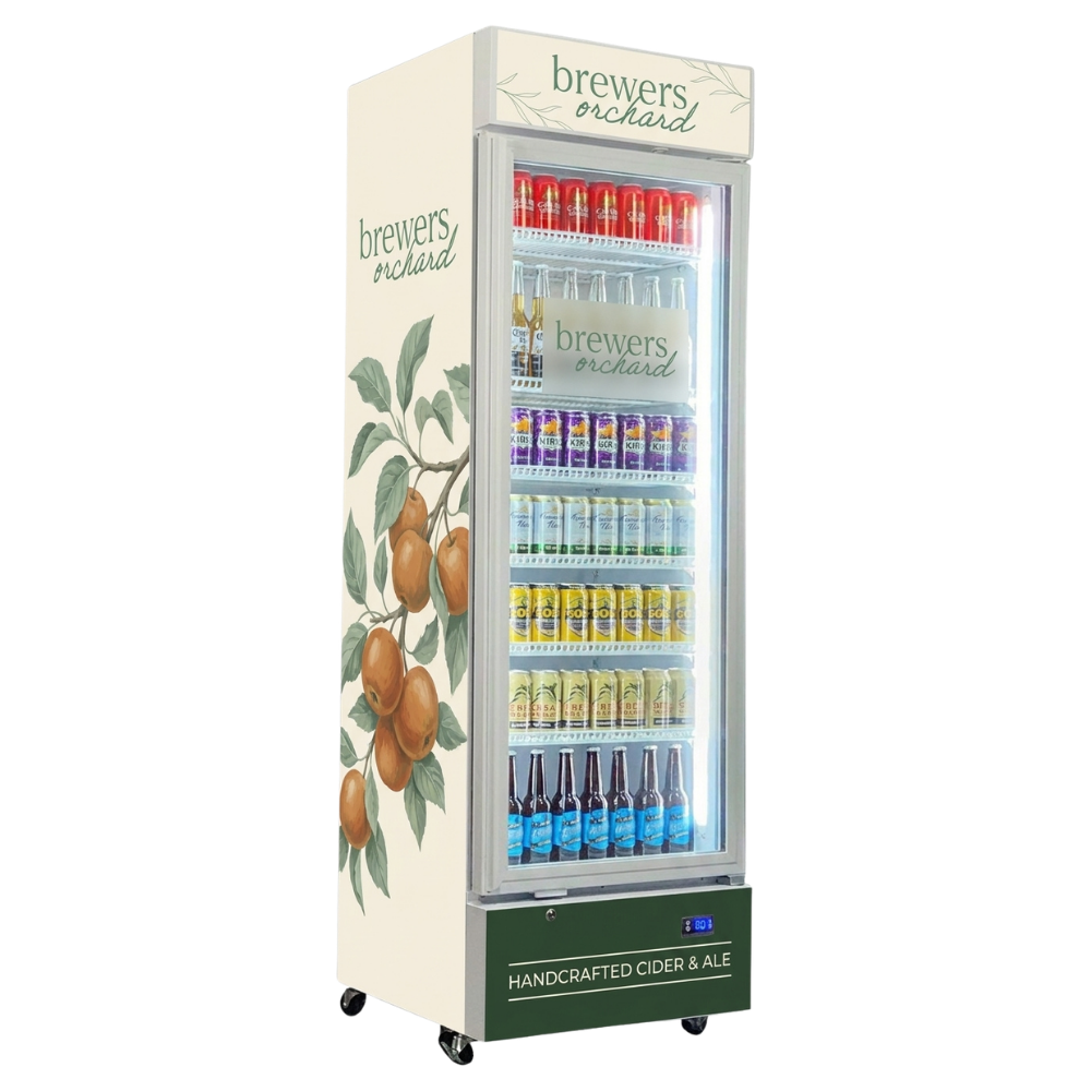 Custom Branded Bar Fridge | 370L Shopfront Tower — branded example: 370l - brewers orchard - custom branded fridge