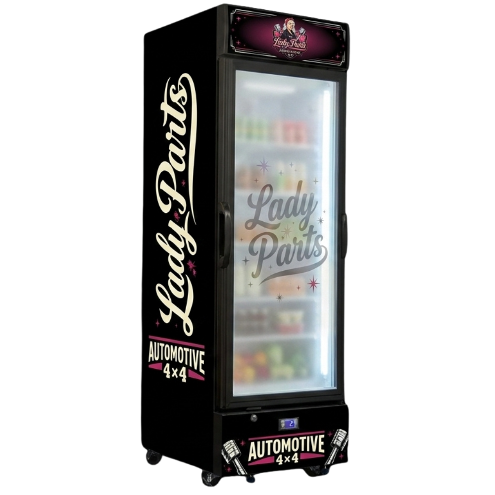 Custom Branded Bar Fridge | 370L Shopfront Tower — branded example: 370l - lady parts automotive - custom branded fridge