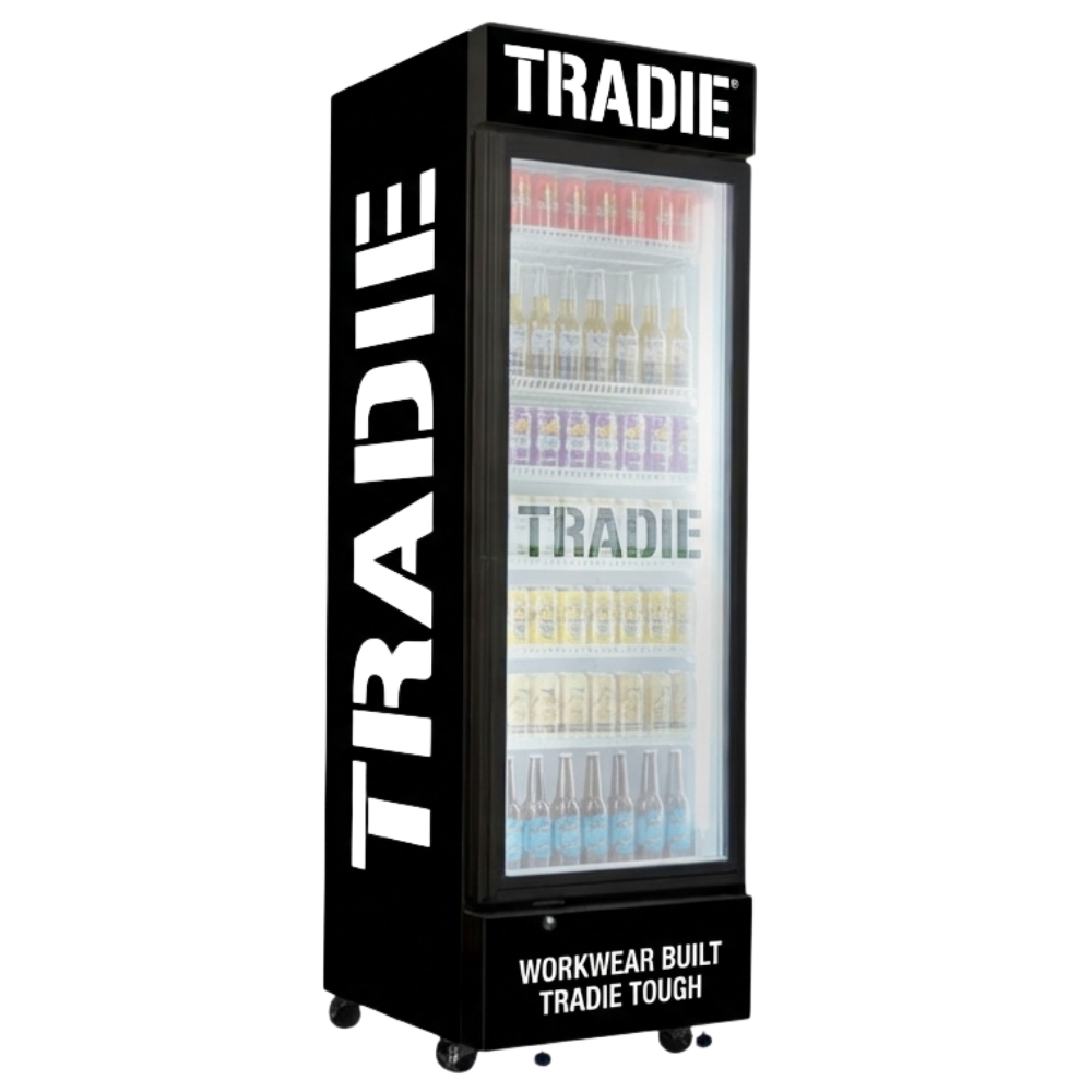 Custom Branded Bar Fridge | 370L Shopfront Tower — branded example: 370l - tradie - custom branded fridge