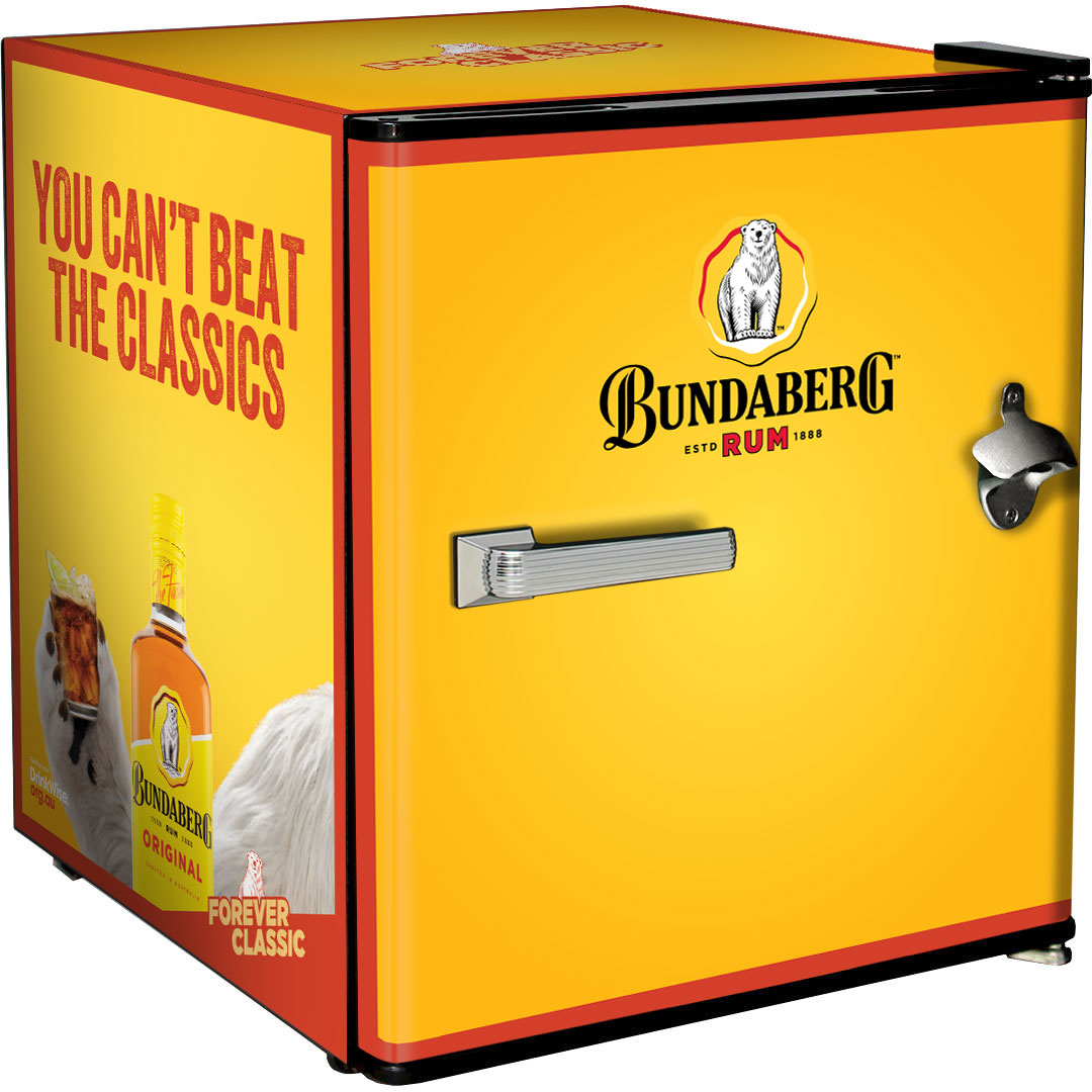 Official Bundy Rum branded Mini Fridge With Bottle Opener - CHOOSE FROM 7 DESIGNS - Model BC46B-BCF1