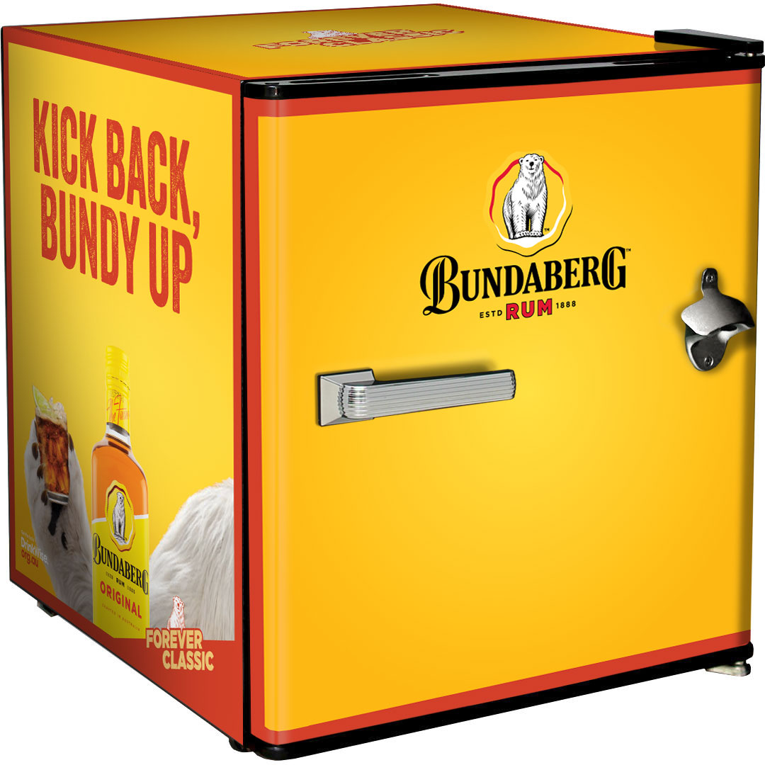 Official Bundy Rum branded Mini Fridge With Bottle Opener - CHOOSE FROM 7 DESIGNS - Model BC46B-BCF1