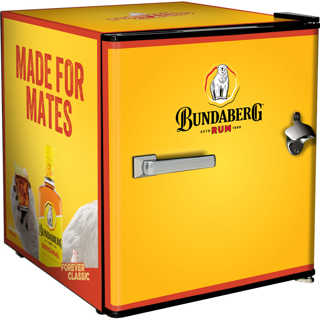 Official Bundy Rum branded Mini Fridge With Bottle Opener - CHOOSE FROM 7 DESIGNS - Model BC46B-BCF1