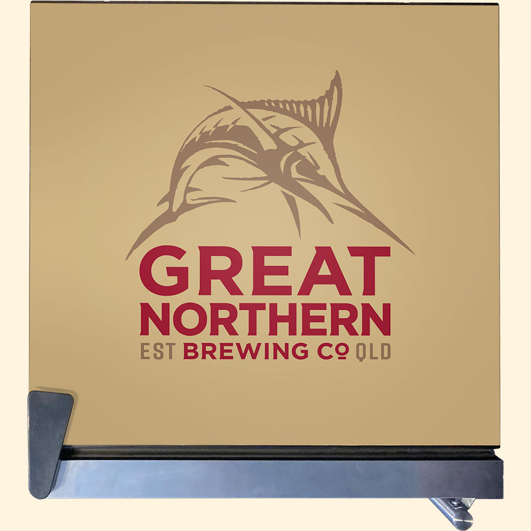 Great Northern Gold Tropical Glass Door Fridge - 80 Cans Left Hinge Model EC68L-SSH-GNBC-GOLD