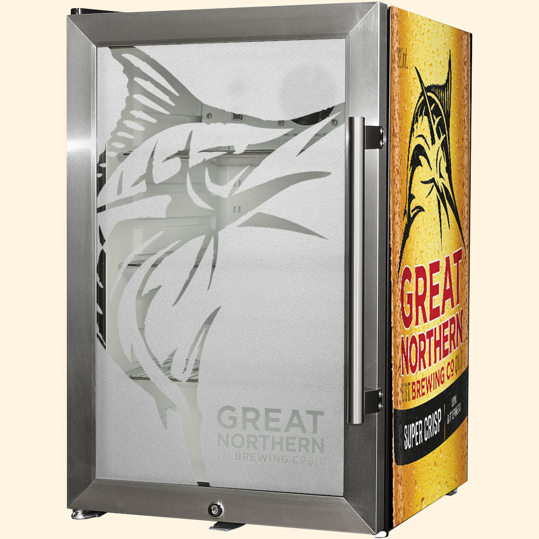 Great Northern Original Tropical Glass Door Fridge - 80 Cans Left Hinge Model EC68L-SSH-GNBC-CRISP