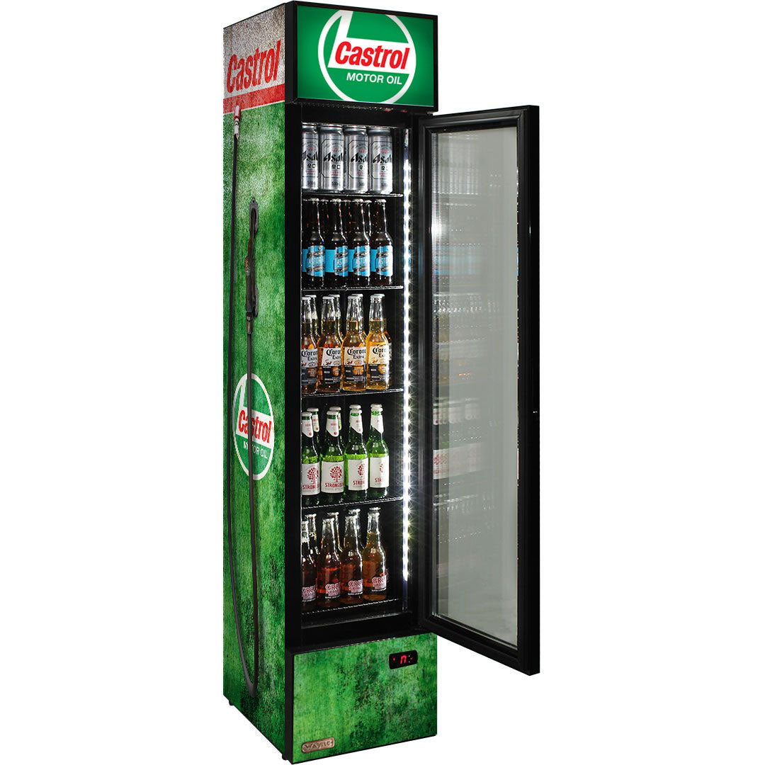 Castrol Fuel Pump Branded Skinny Upright Bar Fridge - SS-P160FA-FP-CASTROL