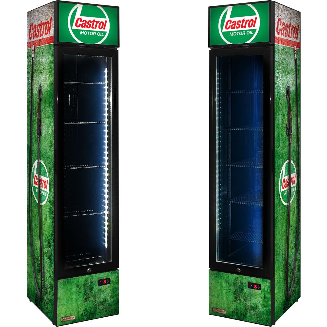 Castrol Fuel Pump Branded Skinny Upright Bar Fridge - SS-P160FA-FP-CASTROL