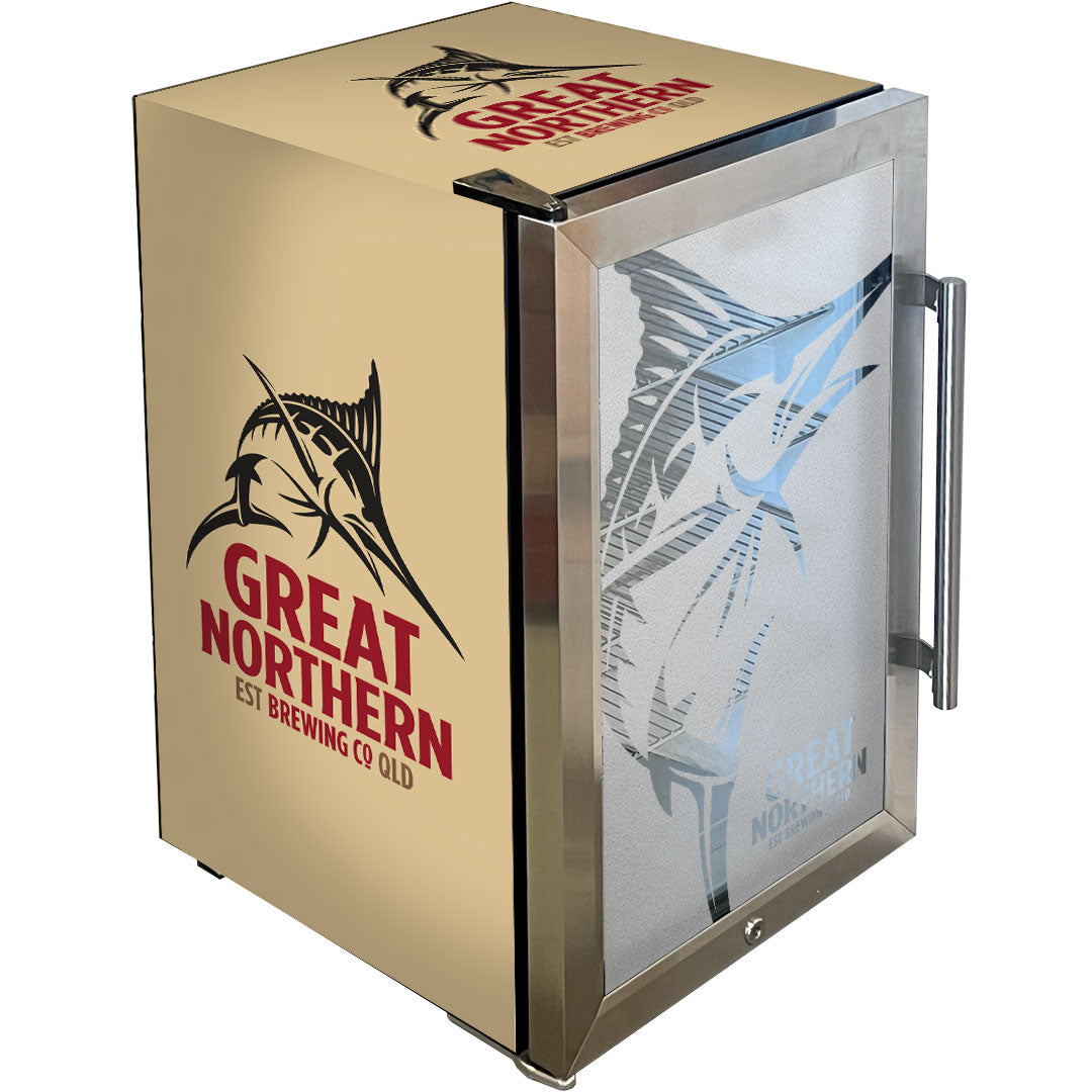 Great Northern Gold Tropical Glass Door Fridge - 80 Cans Left Hinge Model EC68L-SSH-GOLD