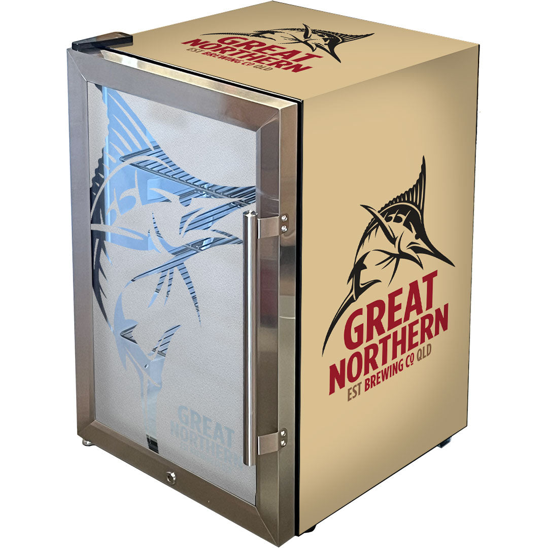 Great Northern Gold Tropical Glass Door Fridge - 80 Cans Left Hinge Model EC68L-SSH-GOLD