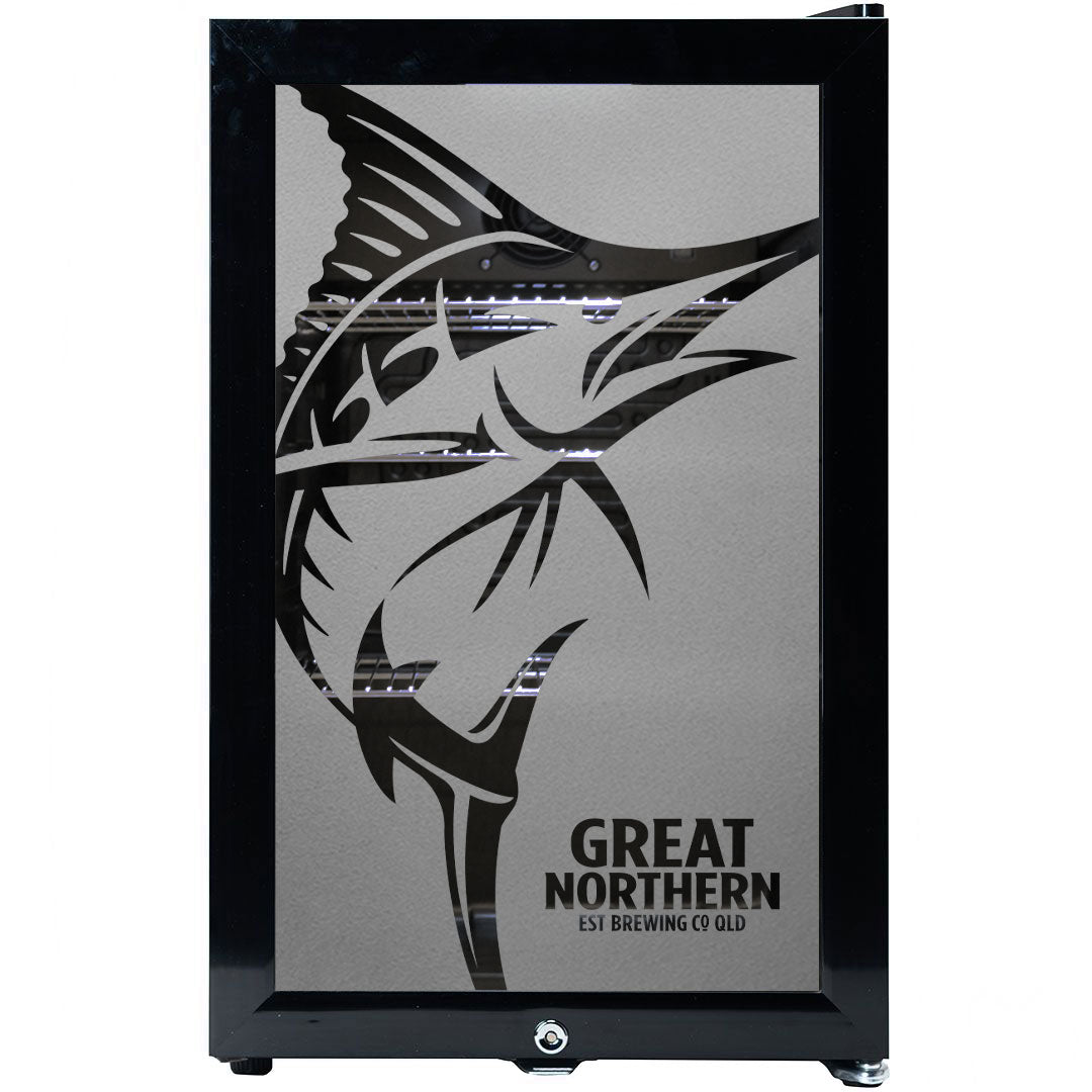 Great Northern Branded Glass Door Bar Fridge With Cool Frosted Door Logo - Model SC70-B-GNBC-GOLD