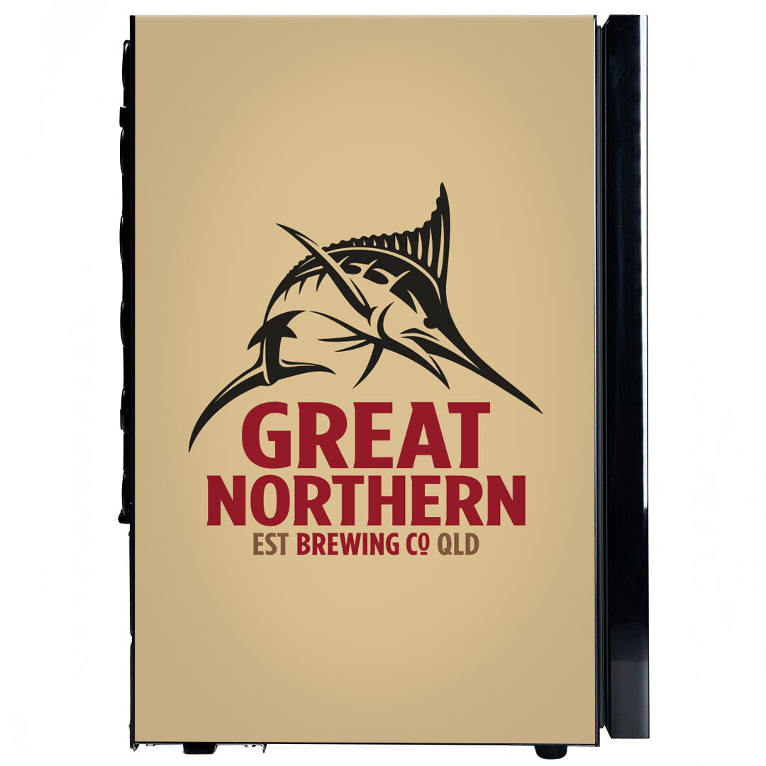 Great Northern Branded Glass Door Bar Fridge With Cool Frosted Door Logo - Model SC70-B-GNBC-GOLD