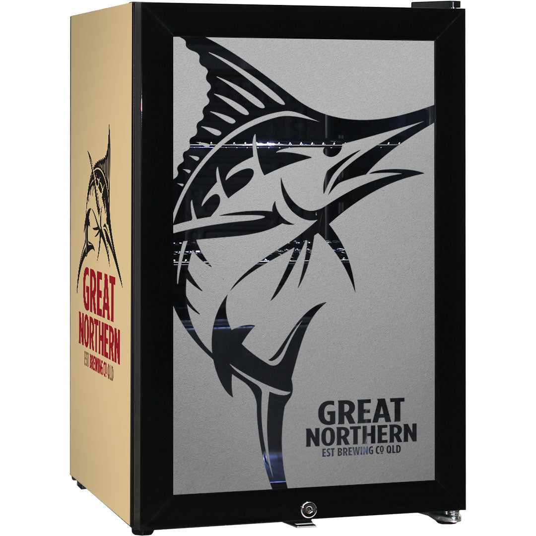 Great Northern Branded Glass Door Bar Fridge With Cool Frosted Door Logo - Model SC70-B-GNBC-GOLD