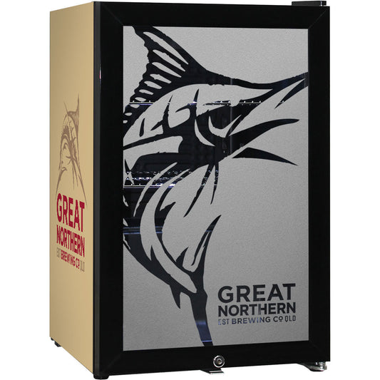 Great Northern Branded Glass Door Bar Fridge With Cool Frosted Door Logo - SC70-B-GNBC-GOLD