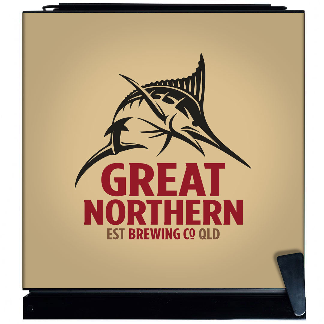 Great Northern Branded Glass Door Bar Fridge With Cool Frosted Door Logo - Model SC70-B-GNBC-GOLD