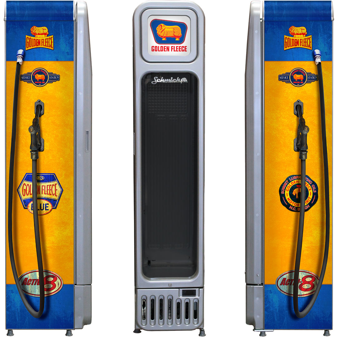 Golden Fleece Fuel Pump Skinny Glass Door Upright Cool Retro Bar Fridge - Model SK135L-FP-FLEECE