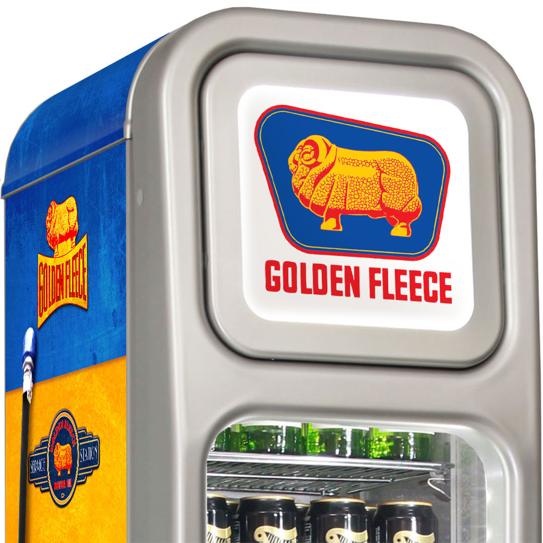 Golden Fleece Fuel Pump Skinny Glass Door Upright Cool Retro Bar Fridge - Model SK135L-FP-FLEECE