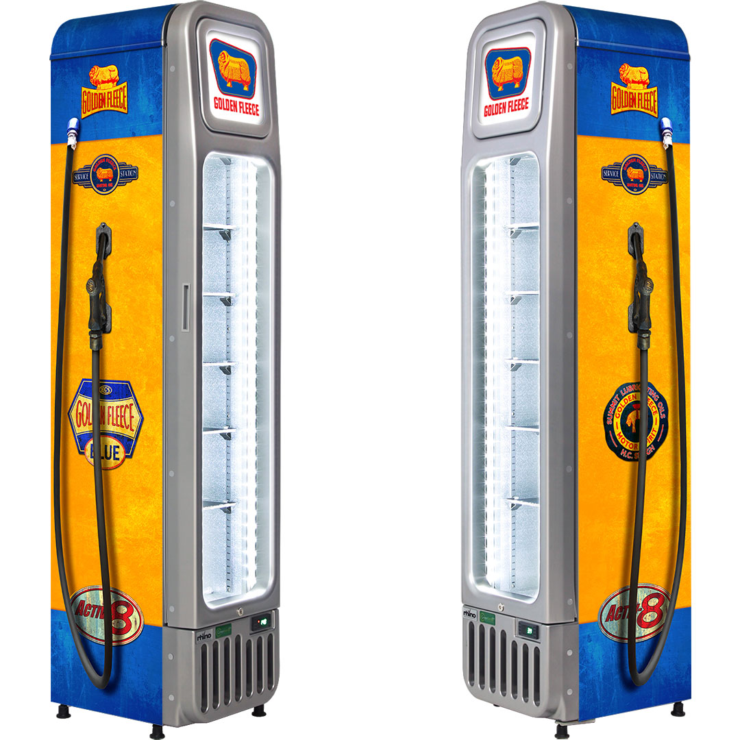 Golden Fleece Fuel Pump Skinny Glass Door Upright Cool Retro Bar Fridge - Model SK135L-FP-FLEECE