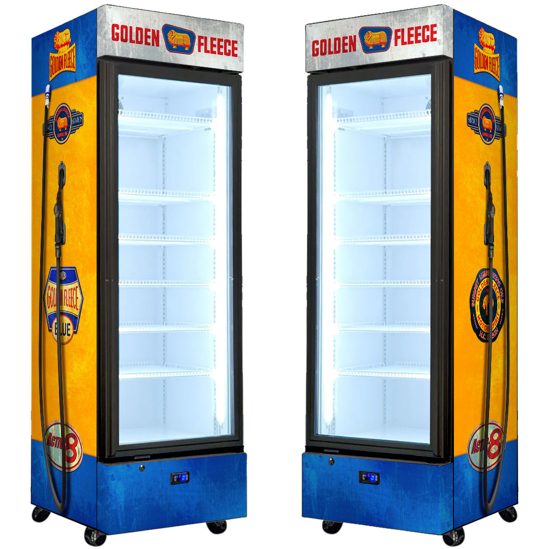 Golden Fleece Fuel Pump Branded Upright Quiet Running Black Glass Door Bar Fridge - Model SC372-FP-Fleece