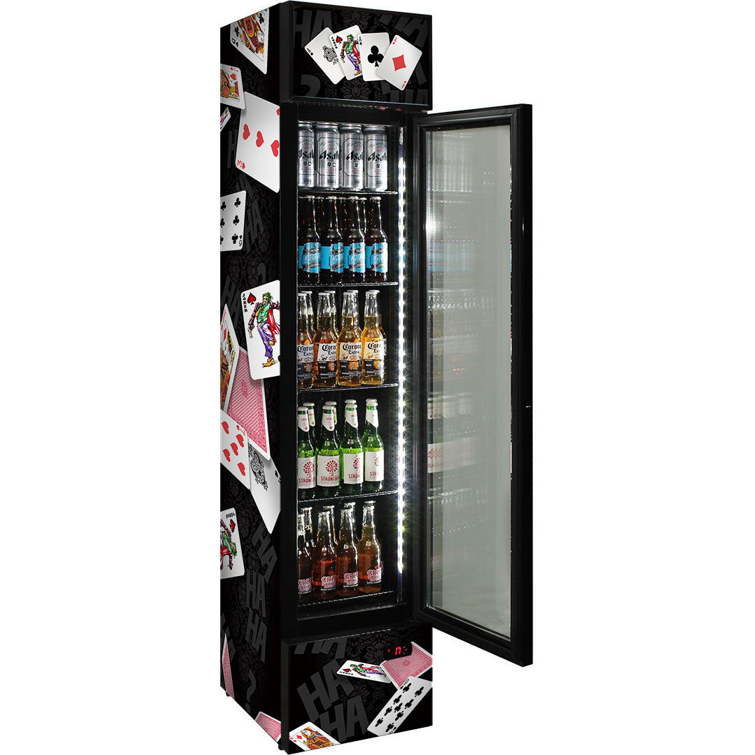 Branded Skinny Upright Bar Fridge With 'Joker' Playing Card Design - SS-P160FA-JOKER