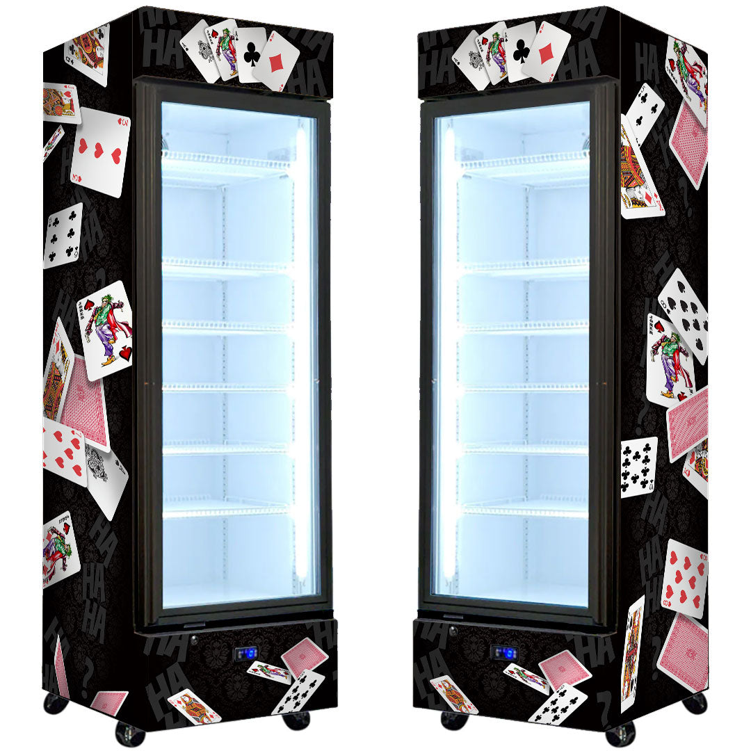 Branded Upright Quiet Running Black Glass Door Bar Fridge, with 'Joker' Playing Card Design - Model SC372-JOKER