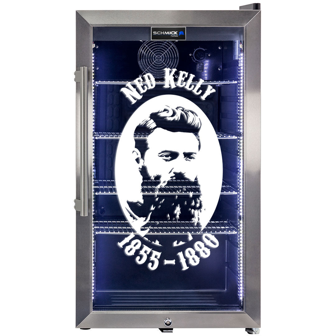 Ned Kelly Themed Alfresco Bar Fridge With Led Strip Lights, Lock and LOW E Glassed - HUS-SC88-SS-NED