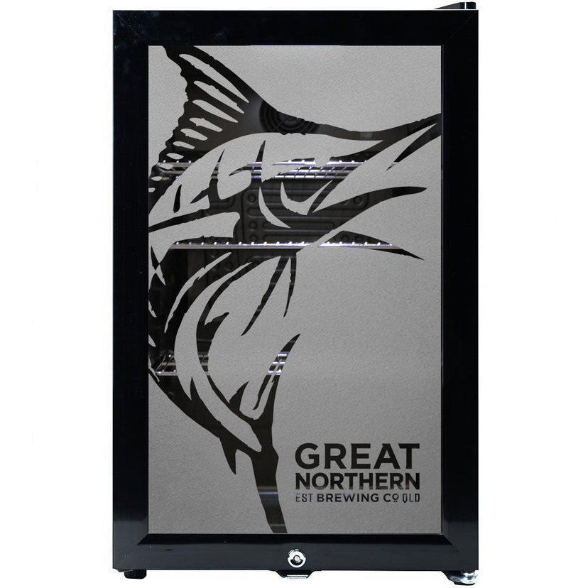 Great Northern Original Branded Glass Door Bar Fridge With Cool Frosted Door Logo - Model SC70-B-GNBC-ORIG