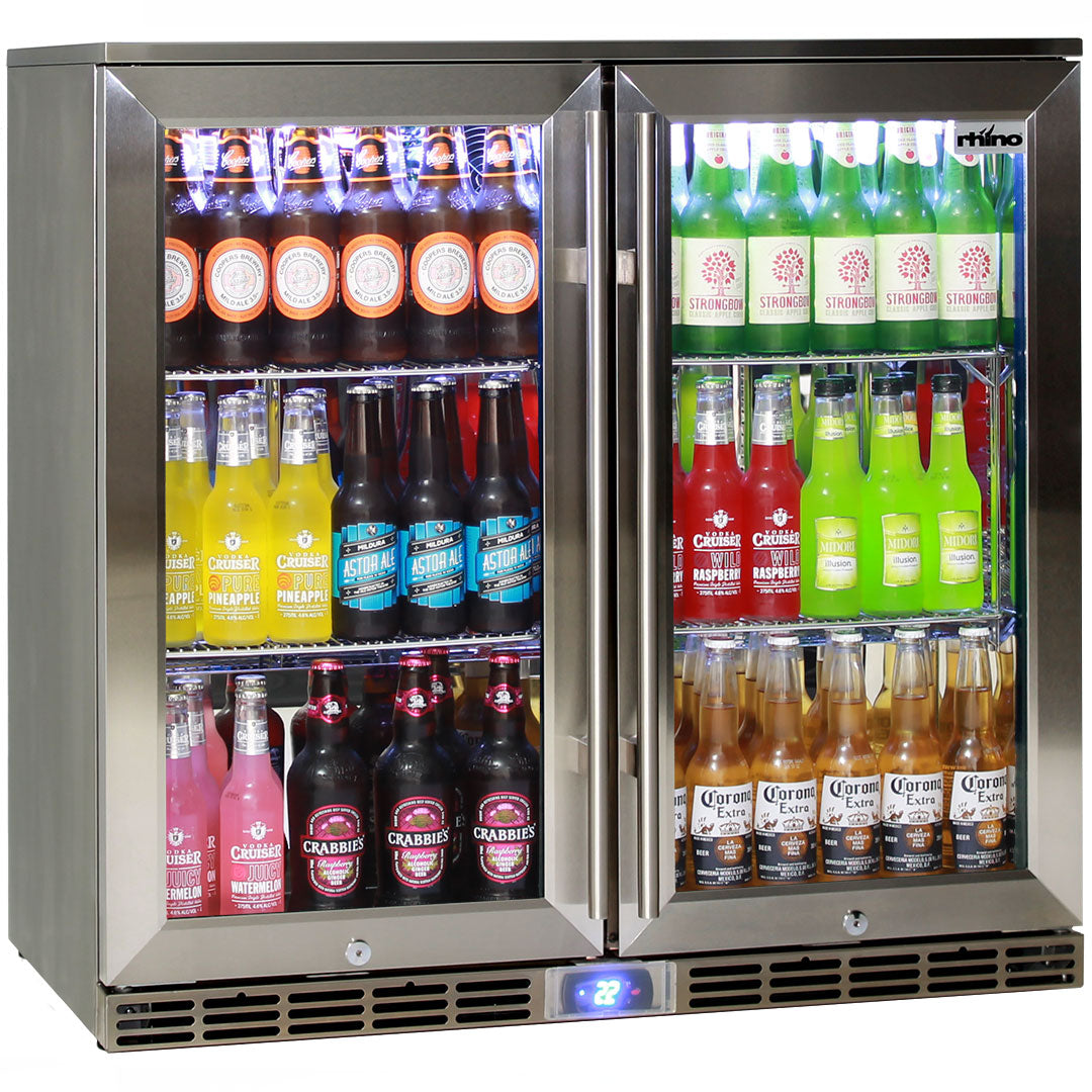 Rhino GSP2H-840-SS - Glass 2 Door Energy Efficient Alfresco 208L Bar Fridge with LOW E Glass