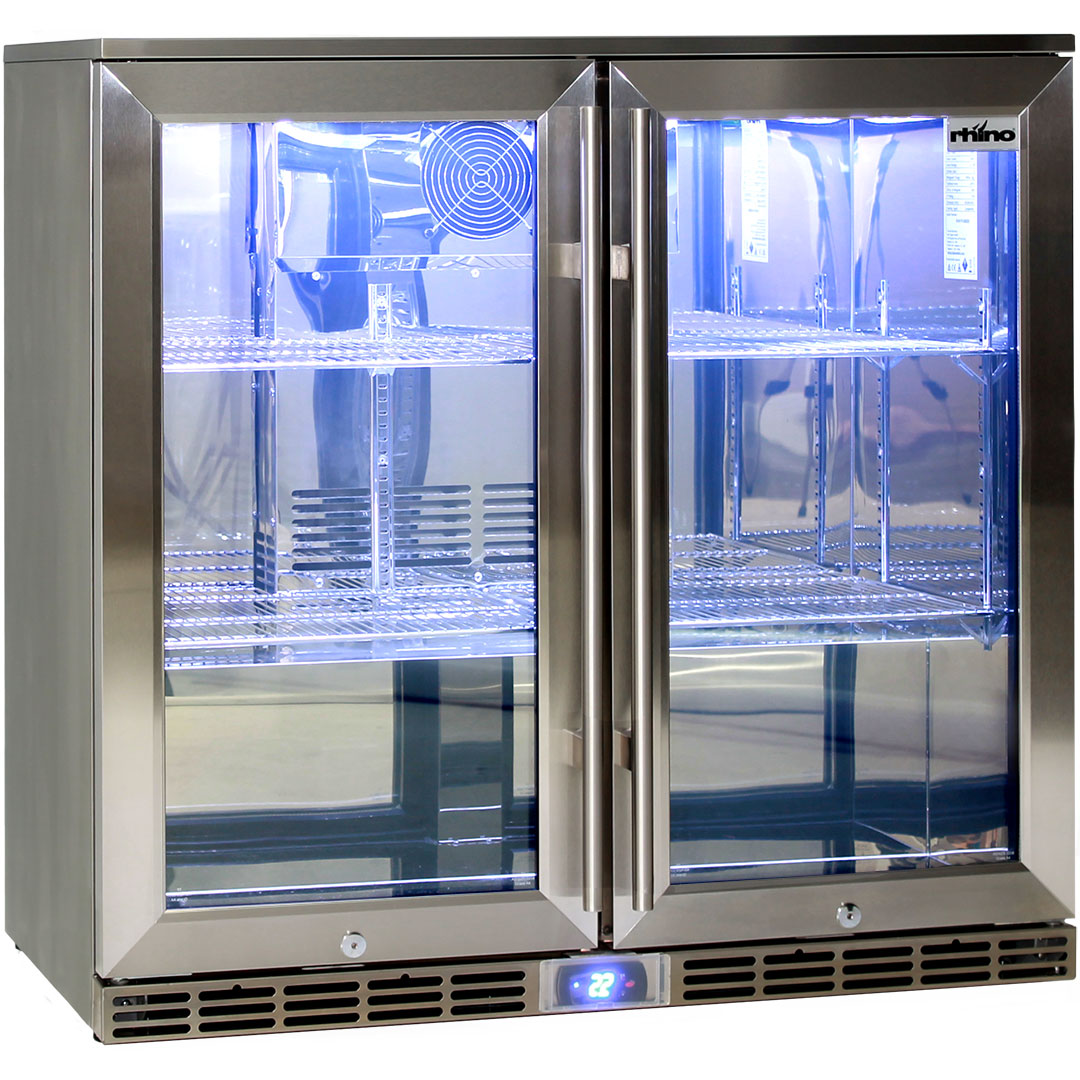 Rhino GSP2H-840-SS - Glass 2 Door Energy Efficient Alfresco 208L Bar Fridge with LOW E Glass