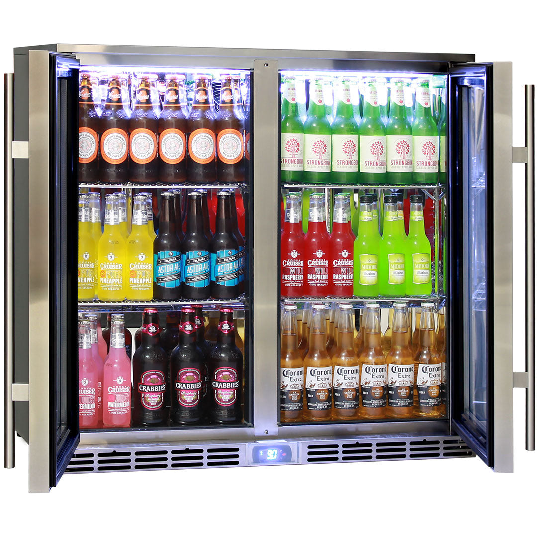 Rhino GSP2H-840-SS - Glass 2 Door Energy Efficient Alfresco 208L Bar Fridge with LOW E Glass