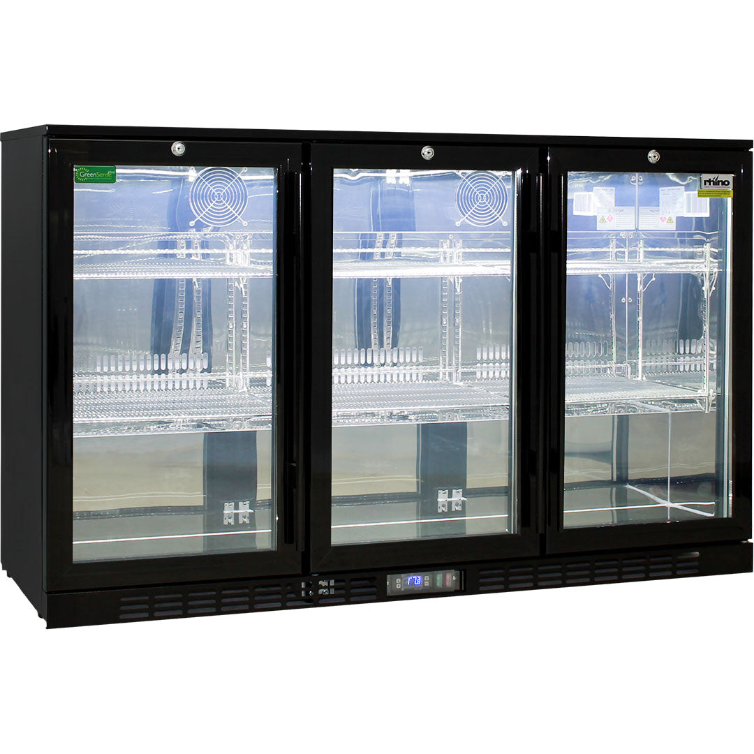 Rhino SG3H-B-HD - Commercial Glass 3 Door Black Under Bench Bar Fridge With Heated Glass To Stop Condensation