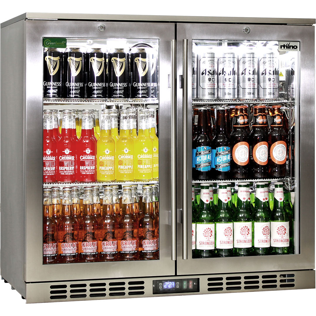 Rhino SG2H-HD – Outdoor Commercial Stainless Steel Heated Glass 2 Door Bar Fridge – 208 Litres