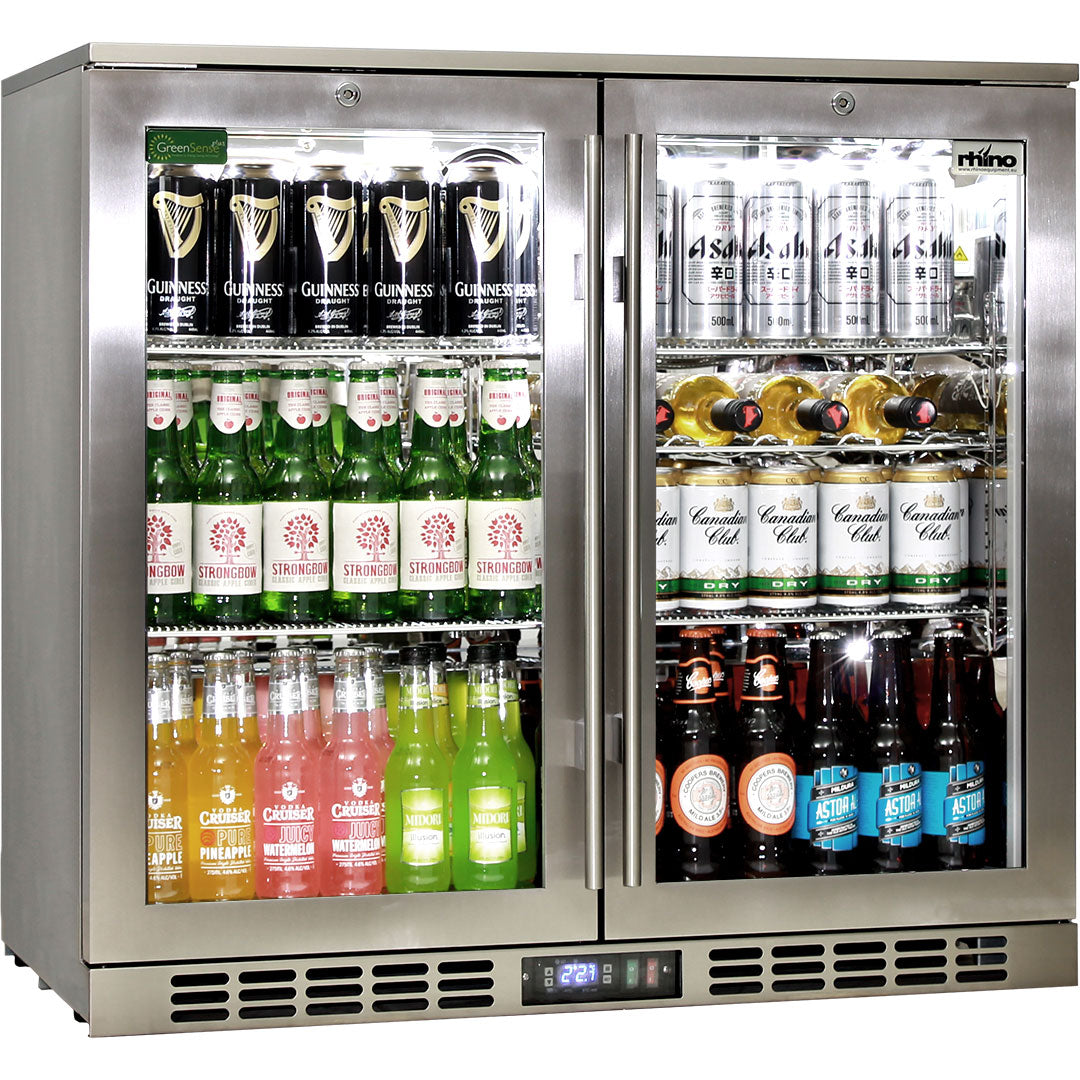 Rhino SG2H-HD – Outdoor Commercial Stainless Steel Heated Glass 2 Door Bar Fridge – 208 Litres