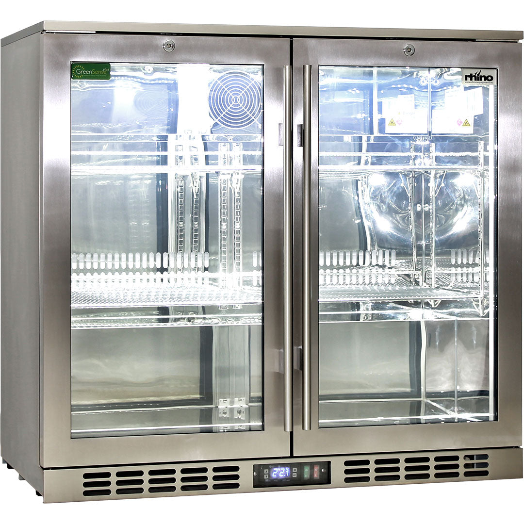 Rhino SG2H-HD - Stainless Steel 2 Door Heated Glass Bar Fridge